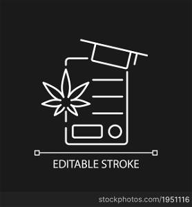 Cannabis education white linear icon for dark theme. Pharmaceutical science. Academic program. Thin line customizable illustration. Isolated vector contour symbol for night mode. Editable stroke. Cannabis education white linear icon for dark theme