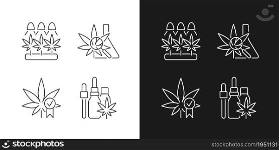 Cannabis growing linear icons set for dark and light mode. Medical research. Quality certification. Hemp oil. Customizable thin line symbols. Isolated vector outline illustrations. Editable stroke. Cannabis growing linear icons set for dark and light mode