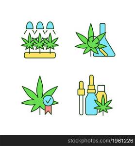 Cannabis growing RGB color icons set. Medical research. Quality certification. Marijuana seeds germination. Isolated vector illustrations. Simple filled line drawings collection. Editable stroke. Cannabis growing RGB color icons set