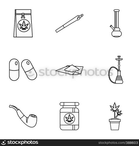 Cannabis icons set. Outline illustration of 9 cannabis vector icons for web. Cannabis icons set, outline style