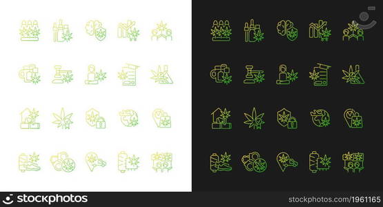 Cannabis in everyday life gradient icons set for dark and light mode. Marijuana cultivation. Thin line contour symbols bundle. Isolated vector outline illustrations collection on black and white. Cannabis in everyday life gradient icons set for dark and light mode