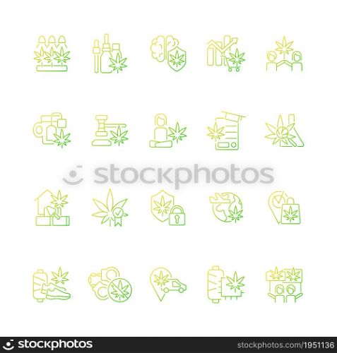 Cannabis in everyday life gradient linear vector icons set. Marijuana cultivation. Legalizing hemp worldwide. Thin line contour symbols bundle. Isolated outline illustrations collection. Cannabis in everyday life gradient linear vector icons set