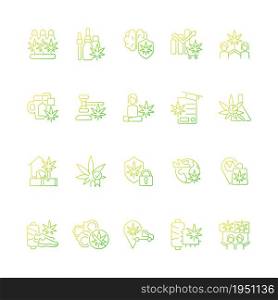 Cannabis in everyday life gradient linear vector icons set. Marijuana cultivation. Legalizing hemp worldwide. Thin line contour symbols bundle. Isolated outline illustrations collection. Cannabis in everyday life gradient linear vector icons set