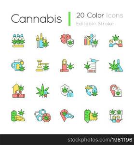 Cannabis in everyday life RGB color icons set. Marijuana cultivation. Legalizing hemp worldwide. Health benefits. Isolated vector illustrations. Simple filled line drawings collection. Editable stroke. Cannabis in everyday life RGB color icons set