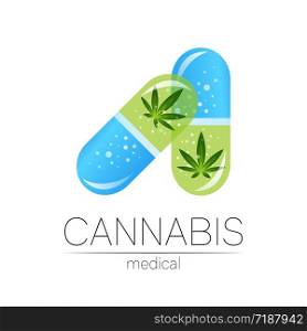 Cannabis in the 2 tablet pill capsule vector logotype for medicine and doctor. Medical marijuana symbol. Pharmaceuticals with plant and leaf for health. Concept sign of green herb. Green on white. Cannabis in the 2 tablet pill capsule vector logotype for medicine and doctor. Medical marijuana symbol. Pharmaceuticals with plant and leaf for health. Concept sign of green herb. Green on white.
