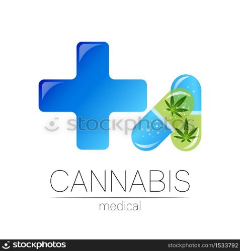 Cannabis in the 2 tablet pill capsule with cross vector logotype for medicine and doctor. Medical marijuana symbol. Pharmaceuticals with plant and leaf for health. Concept sign of green herb. Cannabis in the 2 tablet pill capsule with cross vector logotype for medicine and doctor. Medical marijuana symbol. Pharmaceuticals with plant and leaf for health. Concept sign of green herb.