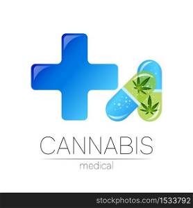 Cannabis in the 2 tablet pill capsule with cross vector logotype for medicine and doctor. Medical marijuana symbol. Pharmaceuticals with plant and leaf for health. Concept sign of green herb. Cannabis in the 2 tablet pill capsule with cross vector logotype for medicine and doctor. Medical marijuana symbol. Pharmaceuticals with plant and leaf for health. Concept sign of green herb.