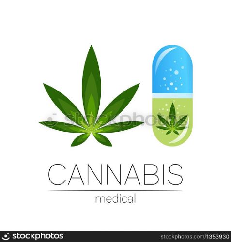 Cannabis in the tablet pill capsule vector logotype for medicine and doctor. Medical marijuana symbol. Pharmaceuticals with plant and leaf for health. Concept sign of green herb. Green on white. Cannabis in the tablet pill capsule vector logotype for medicine and doctor. Medical marijuana symbol. Pharmaceuticals with plant and leaf for health. Concept sign of green herb. Green on white.