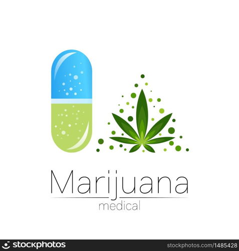 Cannabis in the tablet pill capsule vector logotype for medicine and doctor. Medical marijuana symbol. Pharmaceuticals with plant and leaf for health. Concept sign of green herb. Green on white. Cannabis in the tablet pill capsule vector logotype for medicine and doctor. Medical marijuana symbol. Pharmaceuticals with plant and leaf for health. Concept sign of green herb. Green on white.