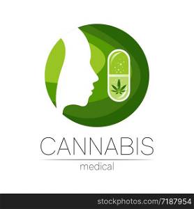 Cannabis in the tablet pill capsule vector logotype for medicine and doctor. Medical marijuana symbol. Pharmaceuticals with plant and leaf for health. . Profile human silhouette head in green circle.. Cannabis in the tablet pill capsule vector logotype for medicine and doctor. Medical marijuana symbol. Pharmaceuticals with plant and leaf for health. . Profile human silhouette head in green circle