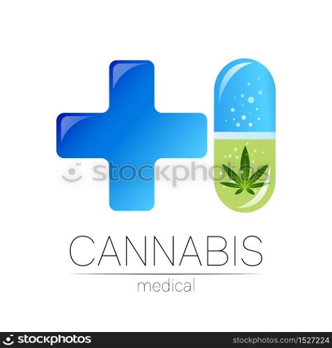 Cannabis in the tablet pill capsule with cross vector logotype for medicine and doctor. Medical marijuana symbol. Pharmaceuticals with plant and leaf for health. Concept sign of green herb. Cannabis in the tablet pill capsule with cross vector logotype for medicine and doctor. Medical marijuana symbol. Pharmaceuticals with plant and leaf for health. Concept sign of green herb.