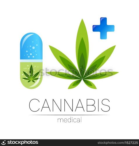 Cannabis in the tablet pill capsule with cross vector logotype for medicine and doctor. Medical marijuana symbol. Pharmaceuticals with plant and leaf for health. Concept sign of green herb. Green.. Cannabis in the tablet pill capsule with cross vector logotype for medicine and doctor. Medical marijuana symbol. Pharmaceuticals with plant and leaf for health. Concept sign of green herb. Green