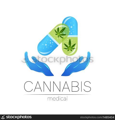 Cannabis in the tablet pill capsule with human hands vector logotype for medicine and doctor. Medical marijuana symbol. Pharmaceuticals with plant and leaf for health. Concept sign of green herb. Cannabis in the tablet pill capsule with human hands vector logotype for medicine and doctor. Medical marijuana symbol. Pharmaceuticals with plant and leaf for health. Concept sign of green herb.