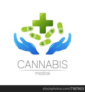 Cannabis in the tablet pill capsule with human hands vector logotype for medicine and doctor. Medical marijuana symbol. Pharmaceuticals with plant and leaf for health. Concept sign of green herb. Cannabis in the tablet pill capsule with human hands vector logotype for medicine and doctor. Medical marijuana symbol. Pharmaceuticals with plant and leaf for health. Concept sign of green herb.