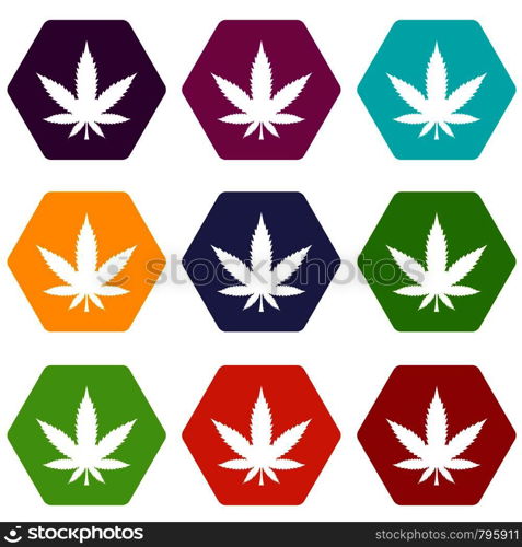 Cannabis leaf icon set many color hexahedron isolated on white vector illustration. Cannabis leaf icon set color hexahedron