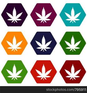 Cannabis leaf icon set many color hexahedron isolated on white vector illustration. Cannabis leaf icon set color hexahedron