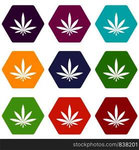 Cannabis leaf icon set many color hexahedron isolated on white vector illustration. Cannabis leaf icon set color hexahedron