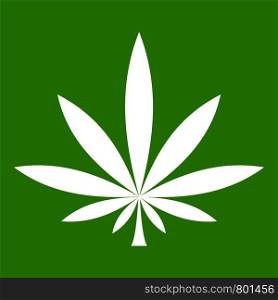 Cannabis leaf icon white isolated on green background. Vector illustration. Cannabis leaf icon green