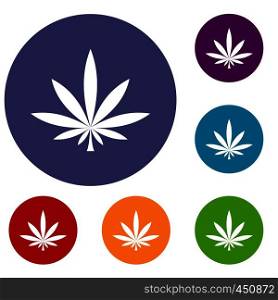 Cannabis leaf icons set in flat circle reb, blue and green color for web. Cannabis leaf icons set
