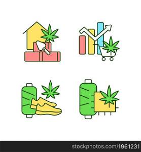 Cannabis products RGB color icons set. Hempcrete building material. Global legal marijuana market. Hemp fiber. Isolated vector illustrations. Simple filled line drawings collection. Editable stroke. Cannabis products RGB color icons set