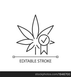 Cannabis quality control linear icon. Medical marijuana product evaluation. Quality certification. Thin line customizable illustration. Contour symbol. Vector isolated outline drawing. Editable stroke. Cannabis quality control linear icon