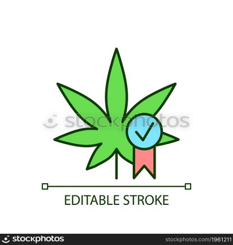 Cannabis quality control RGB color icon. Medical marijuana product evaluation. Standards for industry. Quality certification. Isolated vector illustration. Simple filled line drawing. Editable stroke. Cannabis quality control RGB color icon