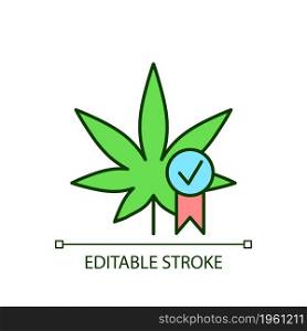 Cannabis quality control RGB color icon. Medical marijuana product evaluation. Standards for industry. Quality certification. Isolated vector illustration. Simple filled line drawing. Editable stroke. Cannabis quality control RGB color icon