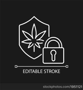 Cannabis security white linear icon for dark theme. Marijuana dispensaries protection. Thin line customizable illustration. Isolated vector contour symbol for night mode. Editable stroke. Cannabis security white linear icon for dark theme