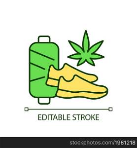 Cannabis shoes RGB color icon. Sustainable footwear manufacturing. Vegan weed sneakers. Hemp shoes. Eco-friendly materials. Isolated vector illustration. Simple filled line drawing. Editable stroke. Cannabis shoes RGB color icon