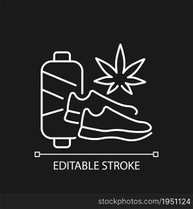 Cannabis shoes white linear icon for dark theme. Sustainable footwear manufacturing. Vegan sneakers. Thin line customizable illustration. Isolated vector contour symbol for night mode. Editable stroke. Cannabis shoes white linear icon for dark theme