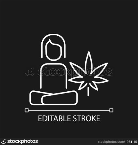 Cannabis stress therapy white linear icon for dark theme. Mental health benefits. Anxiety treatment. Thin line customizable illustration. Isolated vector contour symbol for night mode. Editable stroke. Cannabis stress therapy white linear icon for dark theme
