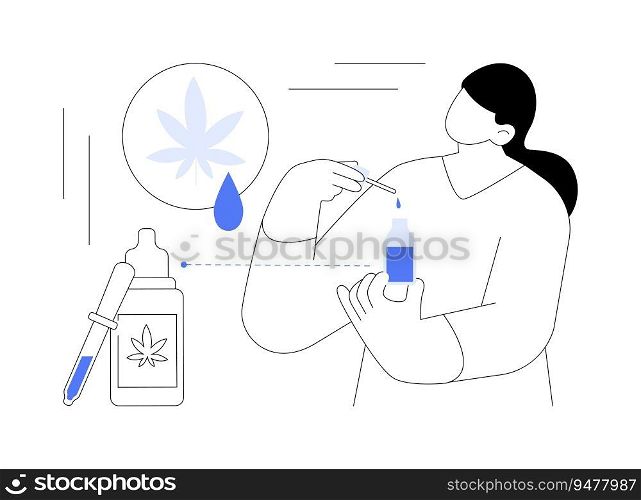 Cannabis tinctures abstract concept vector illustration. Young woman applying hemp oil, medical marijuana tincture, herbal drug usage, legalized cannabis, CBD products abstract metaphor.. Cannabis tinctures abstract concept vector illustration.