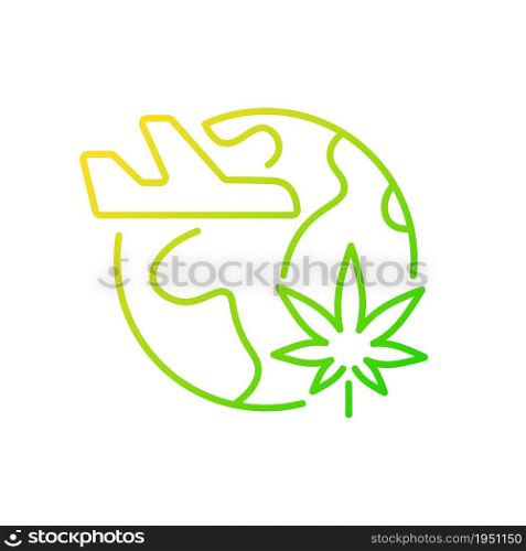 Cannabis tourism gradient linear vector icon. Marijuana tours. Travel industry. Cannabis tourist attraction. Thin line color symbol. Modern style pictogram. Vector isolated outline drawing. Cannabis tourism gradient linear vector icon