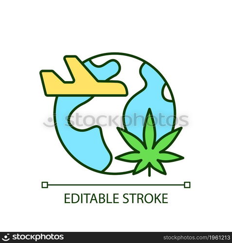 Cannabis tourism RGB color icon. Marijuana tours. Travel industry. Cannabis tourist attraction. Legalization benefit. Isolated vector illustration. Simple filled line drawing. Editable stroke. Cannabis tourism RGB color icon