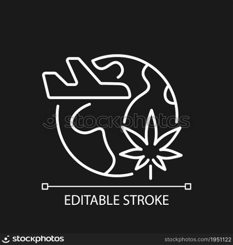 Cannabis tourism white linear icon for dark theme. Marijuana tours. Cannabis tourist attraction. Thin line customizable illustration. Isolated vector contour symbol for night mode. Editable stroke. Cannabis tourism white linear icon for dark theme