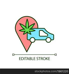 Cannabis transportation RGB color icon. Medical marijuana distribution. Cannabis spread legalization. Shipping goods. Isolated vector illustration. Simple filled line drawing. Editable stroke. Cannabis transportation RGB color icon
