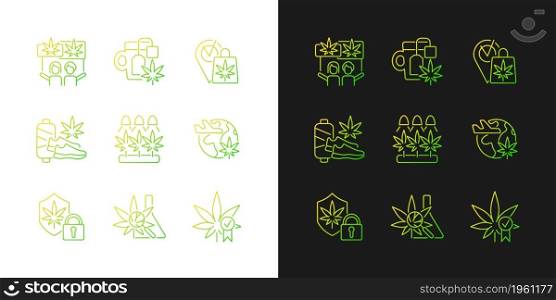 Cannabis usage gradient icons set for dark and light mode. Marijuana culture. Recreational use. Thin line contour symbols bundle. Isolated vector outline illustrations collection on black and white. Cannabis usage gradient icons set for dark and light mode