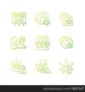 Cannabis usage gradient linear vector icons set. Marijuana culture. Recreational use. Hemp selling and shipping. Thin line contour symbols bundle. Isolated outline illustrations collection. Cannabis usage gradient linear vector icons set