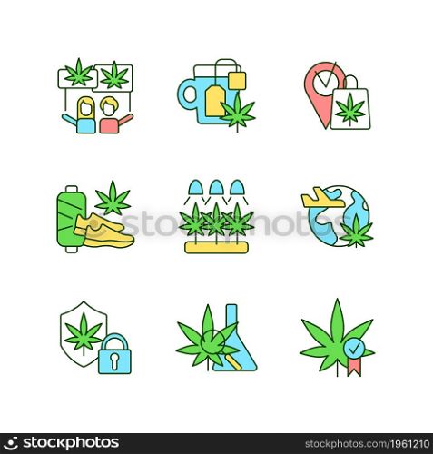 Cannabis usage RGB color icons set. Marijuana culture. Recreational use. Hemp selling, shipping. Plant growing. Isolated vector illustrations. Simple filled line drawings collection. Editable stroke. Cannabis usage RGB color icons set
