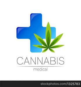 Cannabis vector logotype for medicine and doctor. Medical marijuana symbol. Pharmaceuticals with plant and leaf for health. Concept sign of green herb. Green color on white. Cross icon.. Cannabis vector logotype for medicine and doctor. Medical marijuana symbol. Pharmaceuticals with plant and leaf for health. Concept sign of green herb. Green color on white. Cross icon
