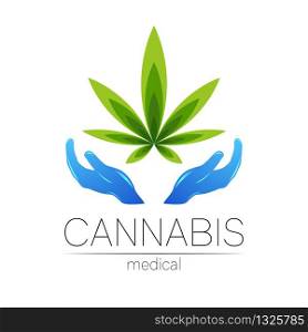Cannabis vector logotype for medicine and doctor. Medical marijuana symbol. Pharmaceuticals with plant and leaf for health. Concept sign of green herb. Green color on white. Blue human hands.. Cannabis vector logotype for medicine and doctor. Medical marijuana symbol. Pharmaceuticals with plant and leaf for health. Concept sign of green herb. Green color on white. Blue human hands