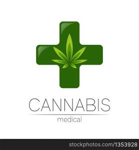 Cannabis vector logotype for medicine and doctor. Medical marijuana symbol. Pharmaceuticals with plant and leaf for health. Concept sign of green herb. Green color on white. Cross icon.. Cannabis vector logotype for medicine and doctor. Medical marijuana symbol. Pharmaceuticals with plant and leaf for health. Concept sign of green herb. Green color on white. Cross icon