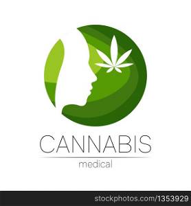 Cannabis vector logotype for medicine and doctor. Medical marijuana symbol. Pharmaceuticals with plant and leaf for health. Concept sign of green herb. Profile human silhouette head in green circle.. Cannabis vector logotype for medicine and doctor. Medical marijuana symbol. Pharmaceuticals with plant and leaf for health. Concept sign of green herb. Profile human silhouette head in green circle
