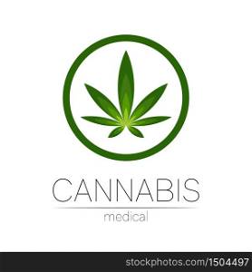 Cannabis vector logotype for medicine and doctor. Medical marijuana symbol. Pharmaceuticals with plant and leaf for health. Concept sign of green herb. Green color circle on white.. Cannabis vector logotype for medicine and doctor. Medical marijuana symbol. Pharmaceuticals with plant and leaf for health. Concept sign of green herb. Green color circle on white