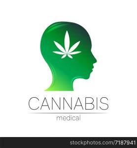 Cannabis vector logotype for medicine and doctor. Medical marijuana symbol. Pharmaceuticals with plant and leaf for health. Concept sign of green herb. Profile human silhouette head. Green color.. Cannabis vector logotype for medicine and doctor. Medical marijuana symbol. Pharmaceuticals with plant and leaf for health. Concept sign of green herb. Profile human silhouette head. Green color