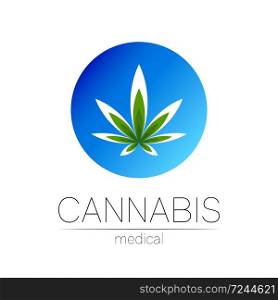 Cannabis vector logotype for medicine and doctor. Medical marijuana symbol. Pharmaceuticals with plant and leaf for health. Concept sign of green herb. Green color on white. Blue circle.. Cannabis vector logotype for medicine and doctor. Medical marijuana symbol. Pharmaceuticals with plant and leaf for health. Concept sign of green herb. Green color on white. Blue circle