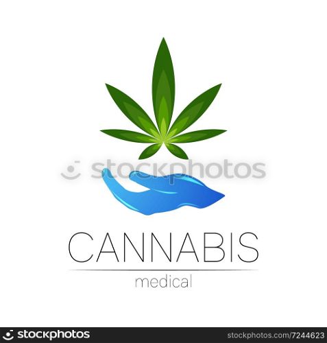 Cannabis vector logotype for medicine and doctor. Medical marijuana symbol. Pharmaceuticals with plant and leaf for health. Concept sign of green herb. Green color on white. Blue hand.. Cannabis vector logotype for medicine and doctor. Medical marijuana symbol. Pharmaceuticals with plant and leaf for health. Concept sign of green herb. Green color on white. Blue hand