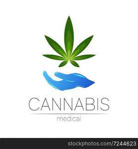 Cannabis vector logotype for medicine and doctor. Medical marijuana symbol. Pharmaceuticals with plant and leaf for health. Concept sign of green herb. Green color on white. Blue hand.. Cannabis vector logotype for medicine and doctor. Medical marijuana symbol. Pharmaceuticals with plant and leaf for health. Concept sign of green herb. Green color on white. Blue hand