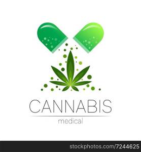 Cannabis vector logotype for medicine and doctor. Medical marijuana symbol. Pharmaceuticals with plant and leaf for health. Concept sign of green herb. Green on white. Icon of tablet pill capsule.. Cannabis vector logotype for medicine and doctor. Medical marijuana symbol. Pharmaceuticals with plant and leaf for health. Concept sign of green herb. Green on white. Icon of tablet pill capsule