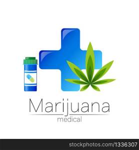 Cannabis vector logotype for medicine and doctor. Medical marijuana symbol with pill bottle and blue cross. Pharmaceuticals with plant and leaf for health. Concept sign of green herb. Cannabis vector logotype for medicine and doctor. Medical marijuana symbol with pill bottle and blue cross. Pharmaceuticals with plant and leaf for health. Concept sign of green herb.
